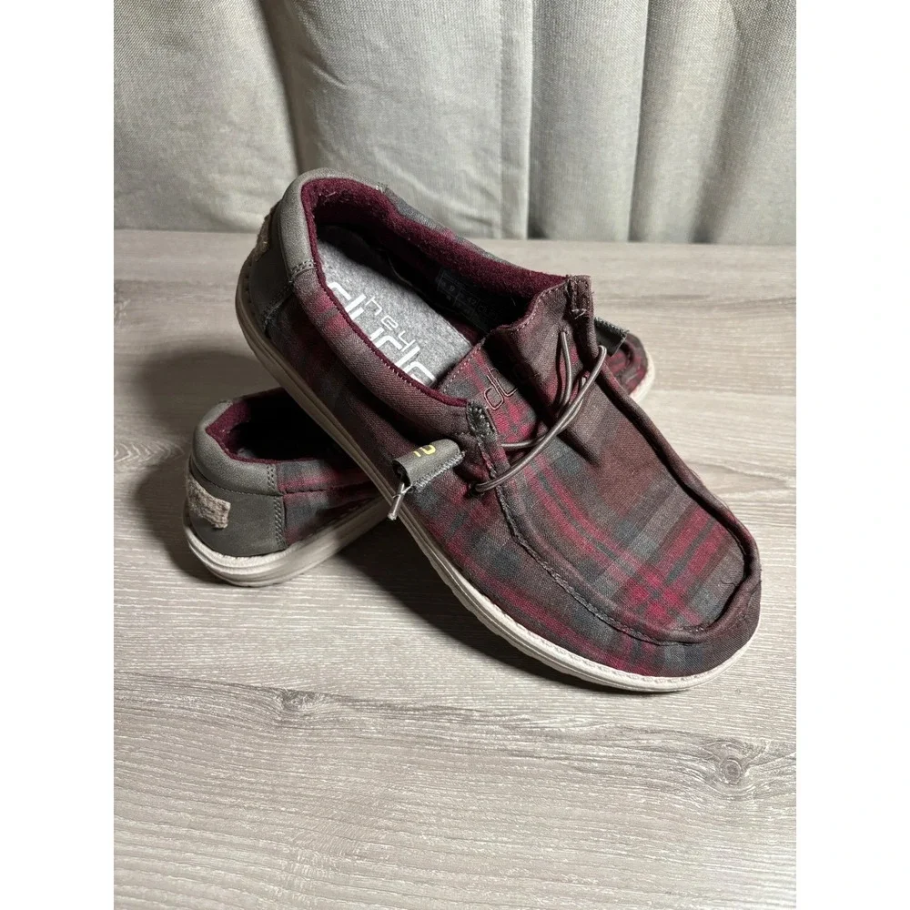 Hey Dude Mens 9 Wally Funk Wool Collection Plaid Burgundy Grey Loafers Casual
